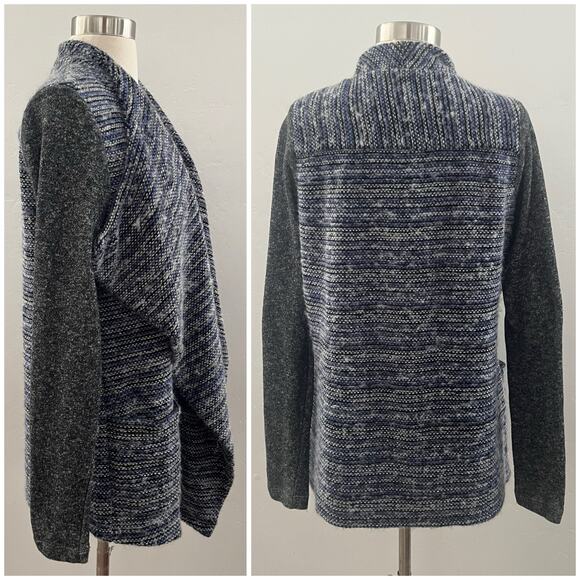 Lucky Brand Open Front Tweed Cardigan Sweater Mixed Media Draped Blue Medium - Picture 2 of 12